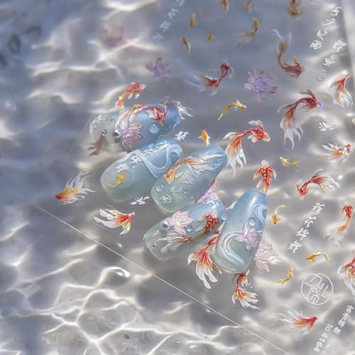 5D Embossed Goldfish Nail Stickers Sparkly Koi Fish Nail Art Decals