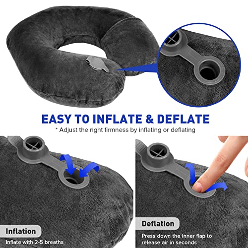 Rewondah Dark Grey U-Shaped Inflatable Travel Neck Pillow with Washable Velour Cover