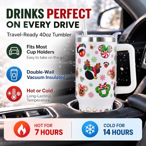 Mouse Tumbler 40oz Christmas Insulated Travel Mug with Handle, Cartoon Mouse Design