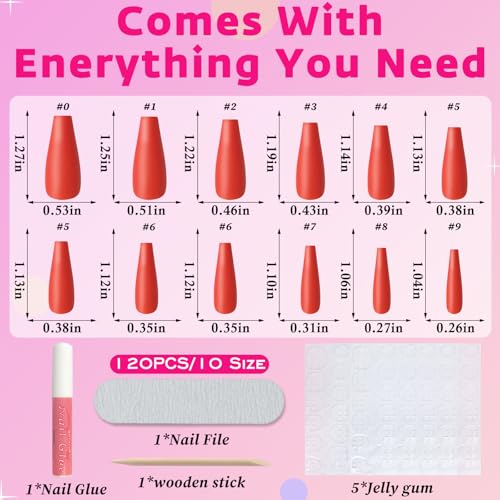 AddFavor 120pcs Matte Red Long Coffin Press on Nails with Glue