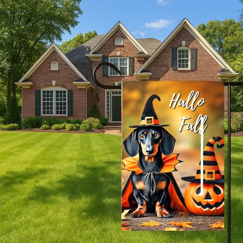 Hallo Fall Garden Flag 12x18 Inch - Dachshund & Pumpkin Design