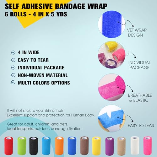 6 Pack Self Adhesive Bandage Wrap, 4 in x 5 Yards Non-Woven Self Adherent Cohesive Bandage, Vet Wrap Wound Tape for Thumb Finger Wrist Knee Ankle, White