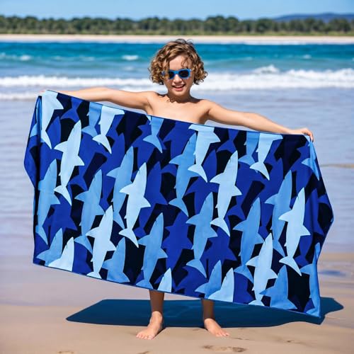 Large Shark Beach Towel for Kids - Quick Dry Terry Cloth, 63"x31"
