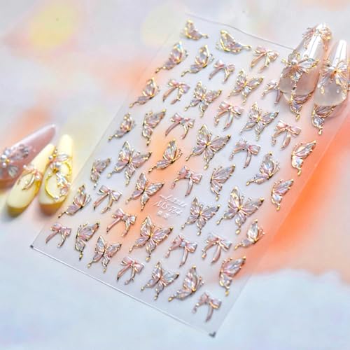 5D Embossed Pink Butterfly Bow Nail Art Stickers Self-Adhesive Decals