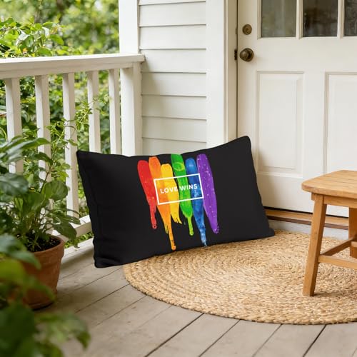 Love Wins Rainbow Throw Pillow Cover, 12x20 Inch Burlap Pride Cushion Case