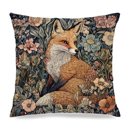 William Morris Inspired Fox Floral Flannel Pillow Cover 18x18 - C-fox 02