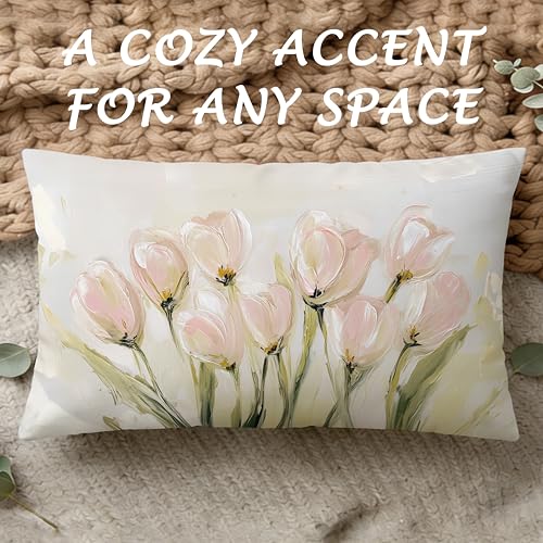 Vintage Pastel Tulip Floral Lumbar Pillow Cover 12x20, Soft Flannel