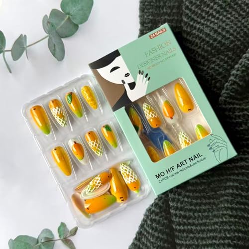 Almond Press on Nails Medium Yellow Glossy Tropical Fruit False Nails 24Pcs