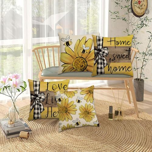 Decorative Bee & Sunflower Pillow Covers - Set of 4, 18x18 Inch