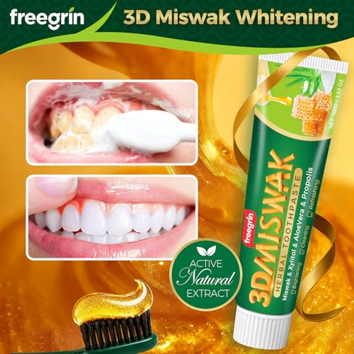 FREEGRIN Organic Miswak Herbal Toothpaste - Fluoride Free with Aloe Vera & Propolis 3.52 oz