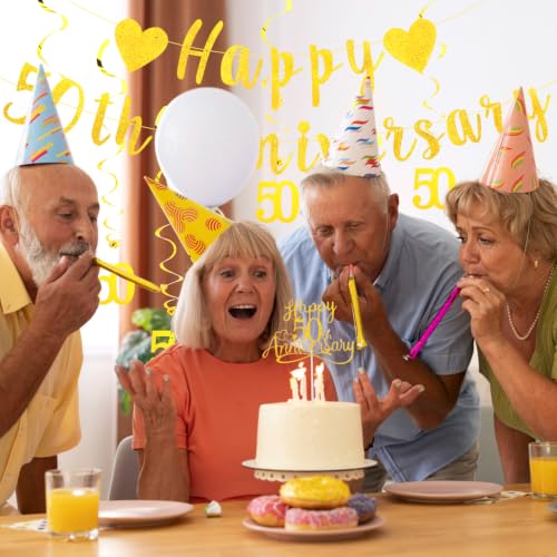 50th Wedding Anniversary Decoration Set - Glitter Gold Banner & Cake Topper