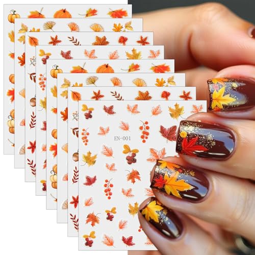 Autumn Maple Leaves Nail Stickers 3D Thanksgiving Pumpkin Fall Decals