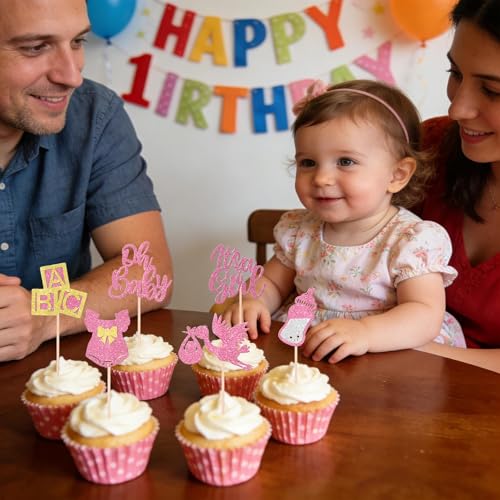 12 Rose Gold Glitter Cupcake Toppers for Baby Girl Shower