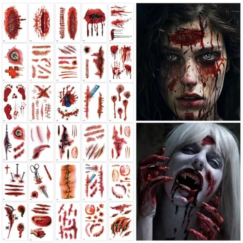Halloween Temporary Scar Tattoos - 30 Sheets Realistic Waterproof Fake Wounds