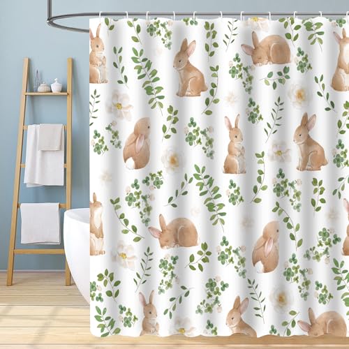 Pink Easter Shower Curtain Set - Watercolor Rabbit Design 72x72