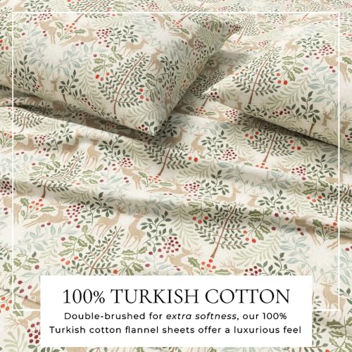 Twin Size Christmas Flannel Sheet Set - Woodland Deer Holiday Bedding - Ultra-Soft Turkish Cotton, Double-Brushed Winter Bed Sheets