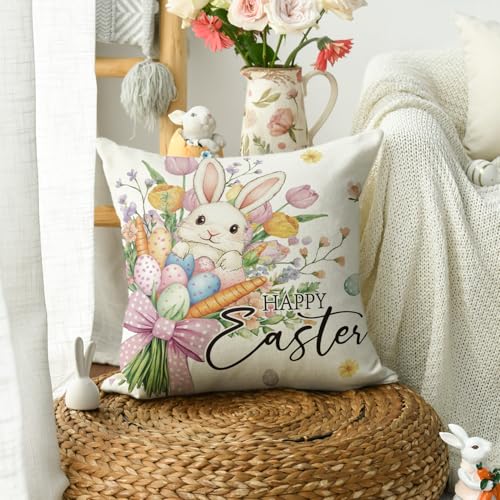 Happy Easter Bunny Flowers Throw Pillow Cover - 18x18 Inch