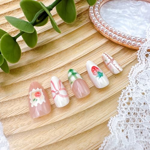 Green Plaid French Tip Press on Nails Medium Almond Fake Nails with Pearls