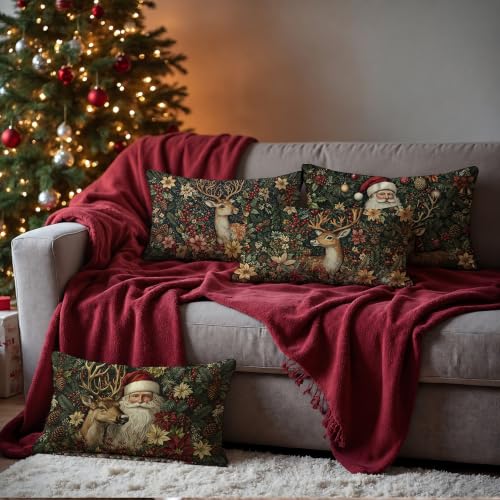 William Morris Style Christmas Santa Deer Pillow Cover 12x20 Set of 4 - Reindeer Holiday Decor