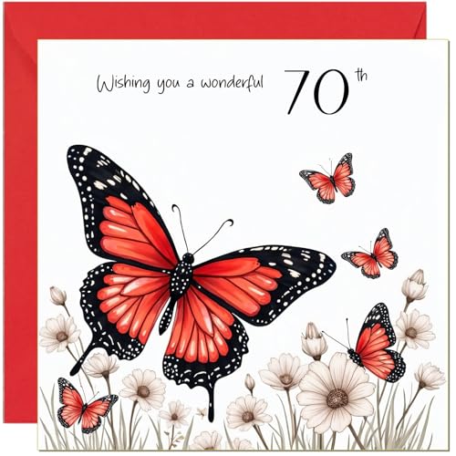 70th Birthday Card Red Butterfly & White Flower with Envelope