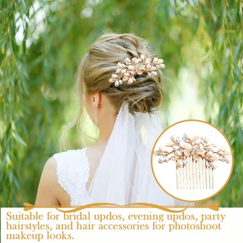 Bridal Gold Pearl Flower Hair Comb - Vintage Wedding Hair Accessory