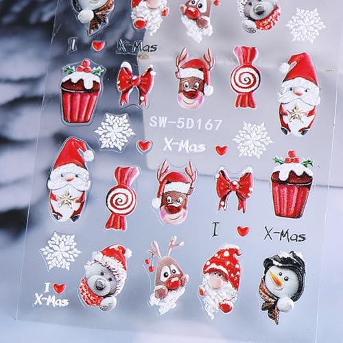 5D Embossed Christmas Nail Stickers Decals Santa Snowman 2PCS