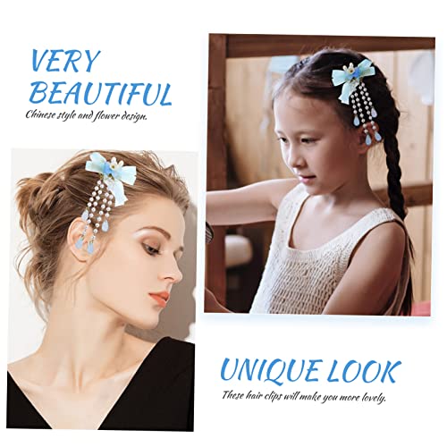 Chinese Style Flower Hair Barrette with Pearl and Tassel Drop, 2 Pcs