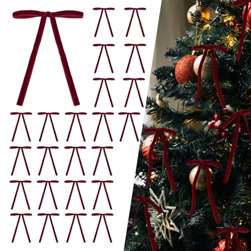 24 Pcs Velvet Burgundy Christmas Tree Bows - Premium Holiday Decor