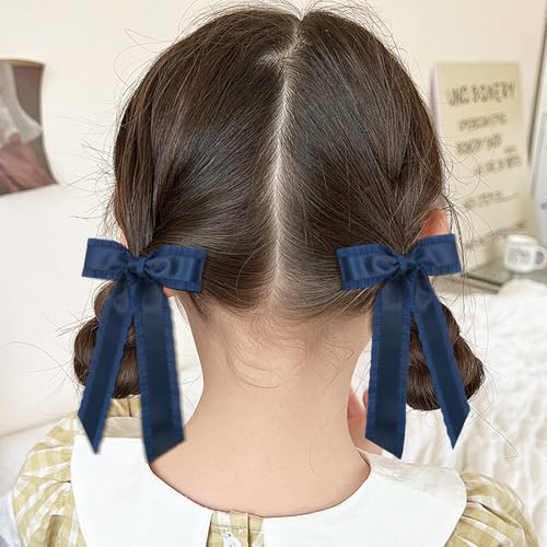 Navy Blue Hair Bows with Long Tassel Ribbons 2Pcs Hair Clips