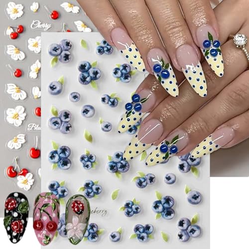 5D Flower Nail Art Stickers - Cherry & Blueberry Self-Adhesive Decals (2 Sheets)