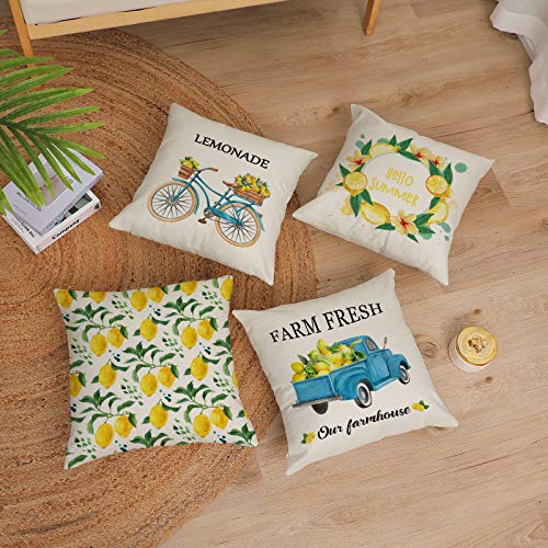 YeeJu Set of 4 Summer Decorative Pillow Covers - 16x16 Inch Lemon & Bicycle Design
