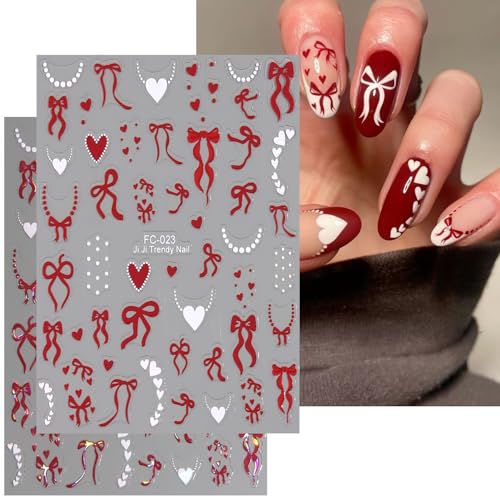 4 Sheets 3D Bow and Heart Nail Art Stickers, Self-Adhesive Y2K Nail Decals