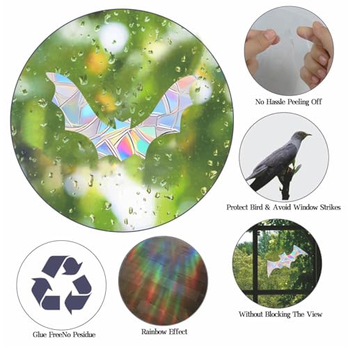 45PCS Halloween Bat Anti-Collision Window Decals, Rainbow Vinyl Bird Deterrent