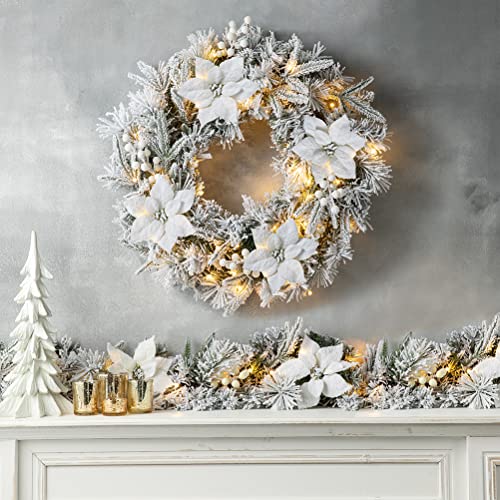 Poinsettia 24-Inch Christmas Wreath with Lights and Timer - Snow Flocked Greenery