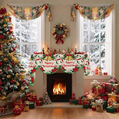 Green Edge Merry Christmas Fireplace Scarf Cover - 20x79in Decor