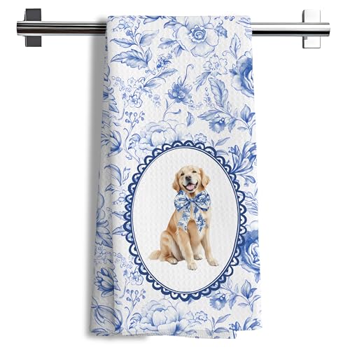 Golden Retriever Decorative Dish Towel Blue White Floral 16x24