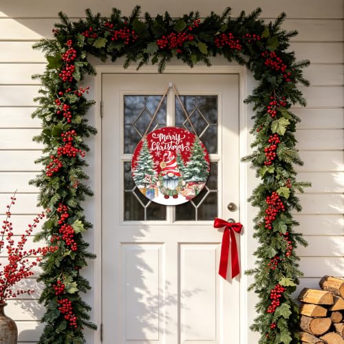 Christmas Gnome Welcome Sign - Merry Christmas Wooden Door Hanger, 12x12 Inch Porch Decor