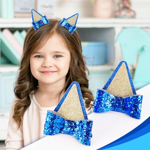 Blue Glitter Dog Ear Hair Clips with Bows 2 Pairs