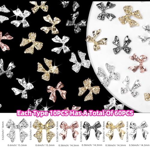 Uotey 60 Pcs Metal Bow Nail Charms - 3D Alloy Bowknot Gems for Acrylic Nail Art