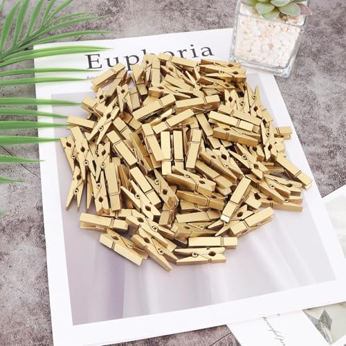 KINYFY 100 Pcs Gold Wooden Clothespins - 1.38 Inch Craft Clips for Photos