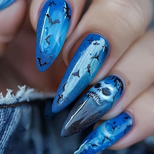 Halloween Press on Nails Long Almond Blue Skull Bat Acrylic False Nails