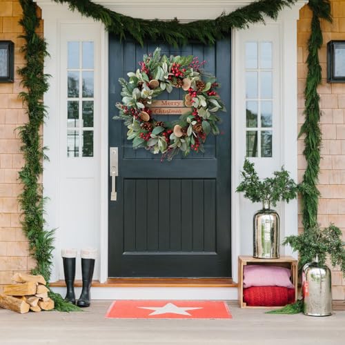 24 Inch Artificial Christmas Wreath with Pine Cones and Red Berries for Indoor Outdoor Decor