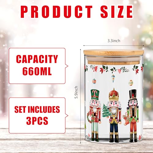 Gold Nutcracker Christmas Glass Storage Jars Set with Lids - 3 Pack