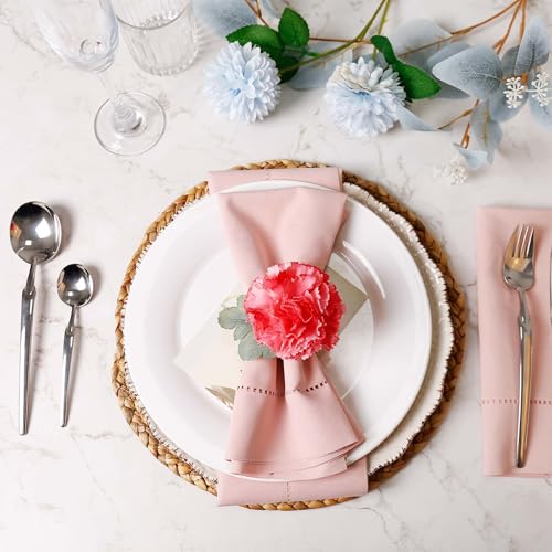 Wonlex Pink Flower Napkin Rings Set of 6, Faux Carnation Serviette Holders