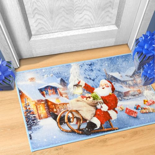 Deerhoo Christmas Santa Claus Doormat, Non-Slip Entryway Rug, 2' x 3' Blue