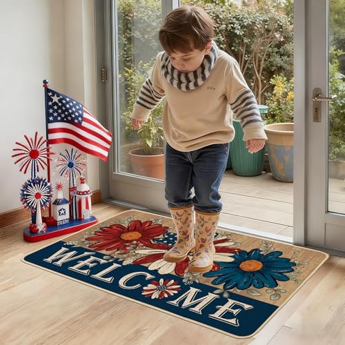 Patriotic Daisy Welcome Doormat 17x29 Inch - Non-Slip Indoor/Outdoor