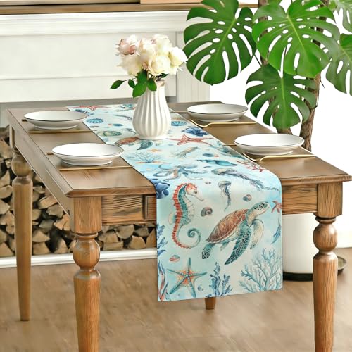 Coastal Table Runner 13x72 Inches | Sea Turtle & Seahorse Design