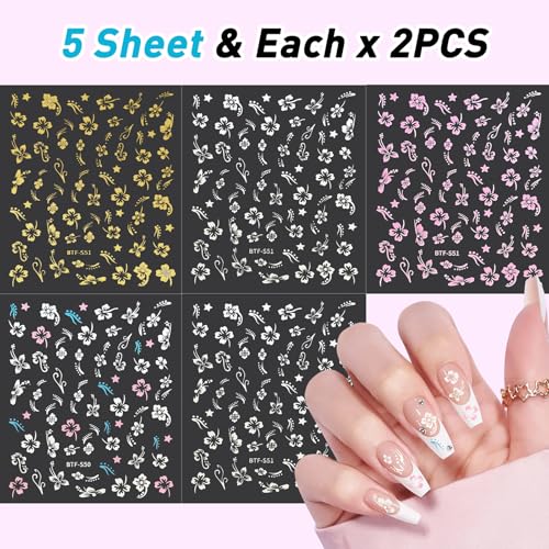 MUIIGOOD Flower Nail Stickers 10 Sheets Hibiscus Nail Decals White Pink Gold