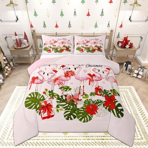 King Comforter Set Pink Flamingo Cartoon Bird All Season Bedding with Microfiber Polyester
