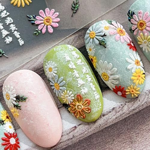 5D Embossed Floral Nail Stickers - Self-Adhesive Daisy Flower Nail Decals